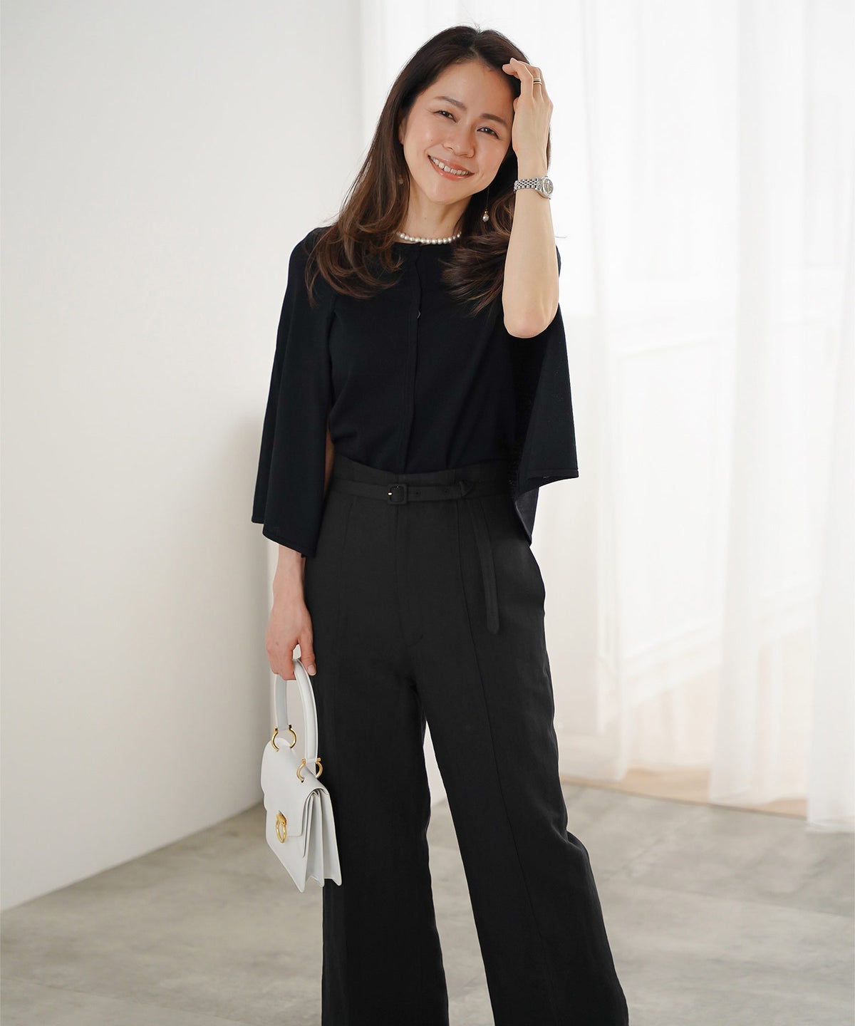 ワイドパンツ リネン混 ブラック 夏 ジョイントスペース