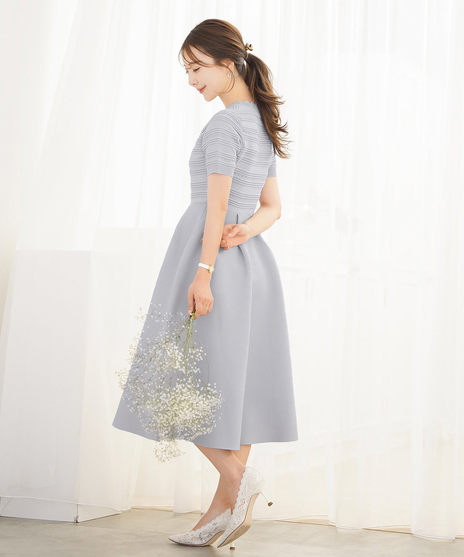 SUMMER-SALE スカラップ ネック アイレット ニット ワンピース le reve