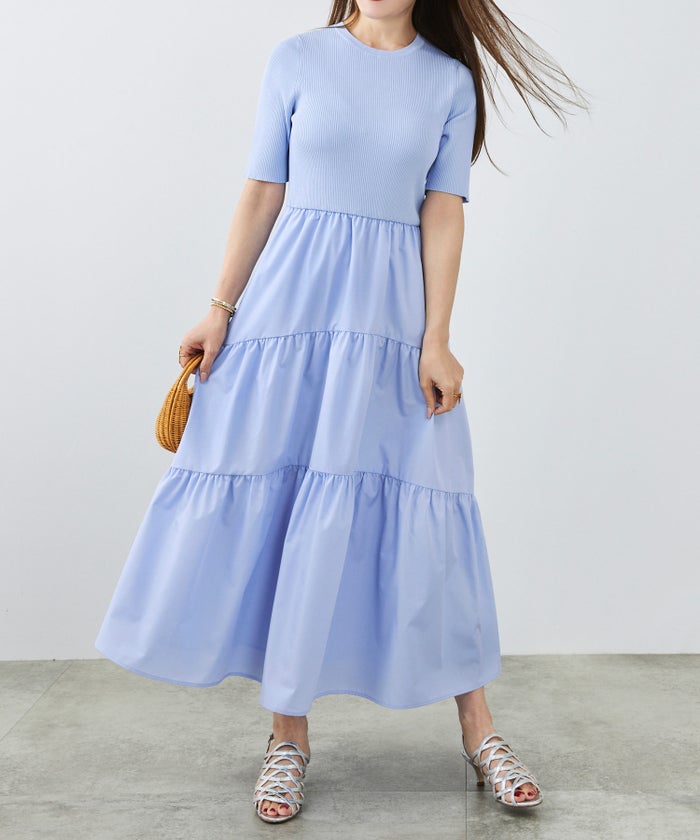 手洗い可 上品 きれいめ 異素材切り替え 大人可愛い カジュアル フェニミン オフィス フェミニン 夏 ジョイントスペース ニットドッキングワンピース Liala×PG