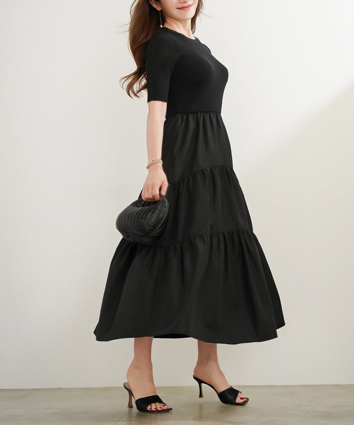 手洗い可 上品 きれいめ 異素材切り替え 大人可愛い カジュアル フェニミン オフィス フェミニン 夏 ジョイントスペース ニットドッキングワンピース Liala×PG