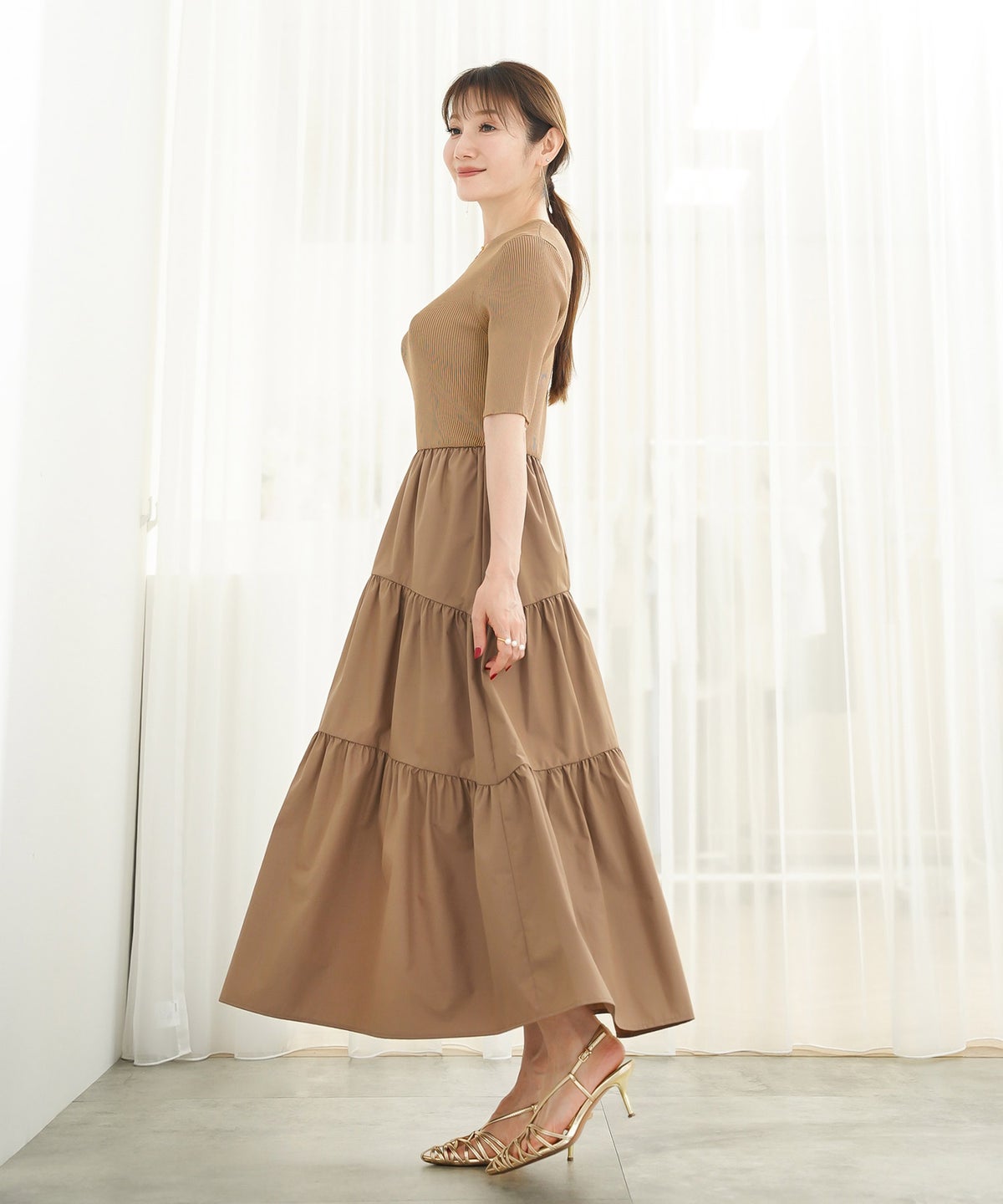 手洗い可 上品 きれいめ 異素材切り替え 大人可愛い カジュアル フェニミン オフィス フェミニン 夏 ジョイントスペース ニットドッキングワンピース Liala×PG