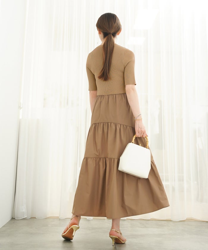 手洗い可 上品 きれいめ 異素材切り替え 大人可愛い カジュアル フェニミン オフィス フェミニン 夏 ジョイントスペース ニットドッキングワンピース Liala×PG