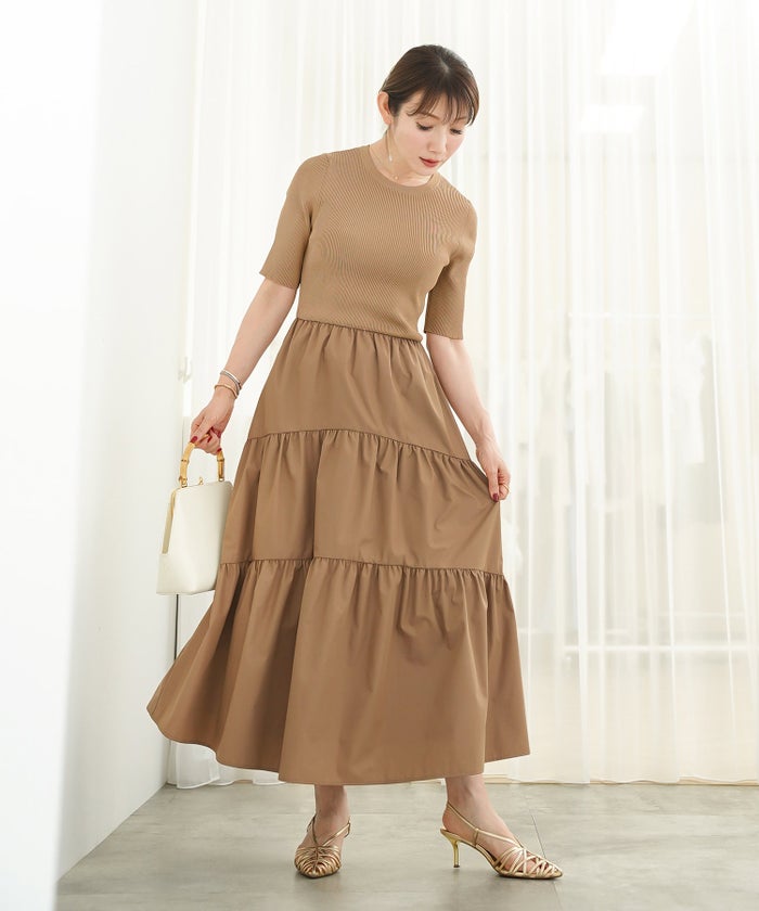 手洗い可 上品 きれいめ 異素材切り替え 大人可愛い カジュアル フェニミン オフィス フェミニン 夏 ジョイントスペース ニットドッキングワンピース Liala×PG