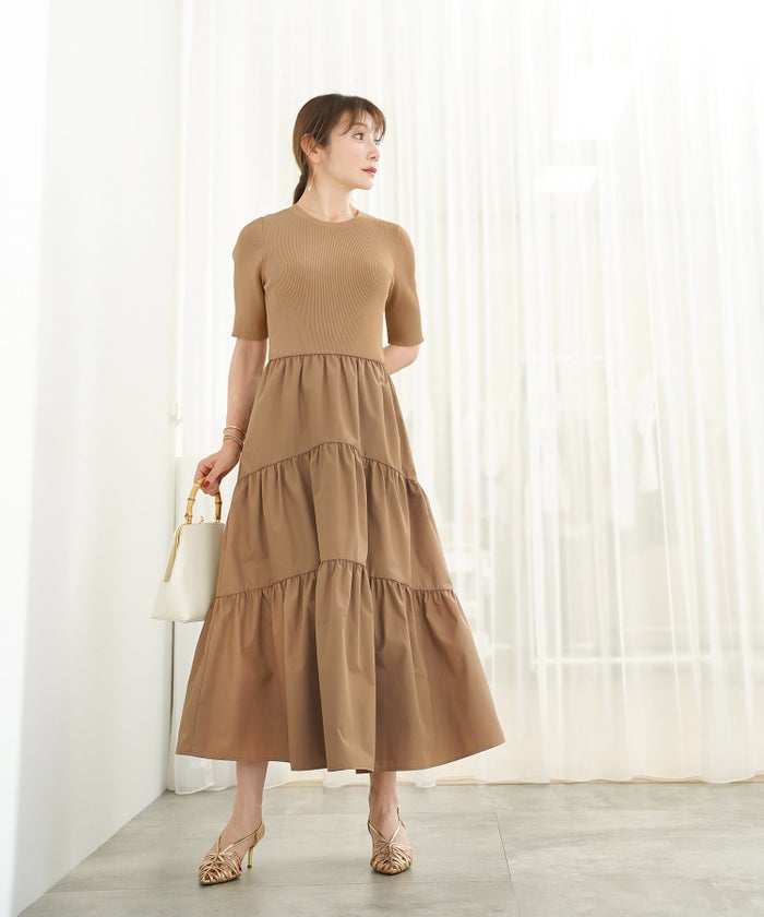 手洗い可 上品 きれいめ 異素材切り替え 大人可愛い カジュアル フェニミン オフィス フェミニン 夏 ジョイントスペース ニットドッキングワンピース Liala×PG