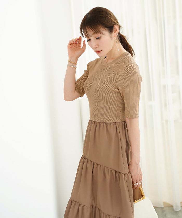 手洗い可 上品 きれいめ 異素材切り替え 大人可愛い カジュアル フェニミン オフィス フェミニン 夏 ジョイントスペース ニットドッキングワンピース Liala×PG