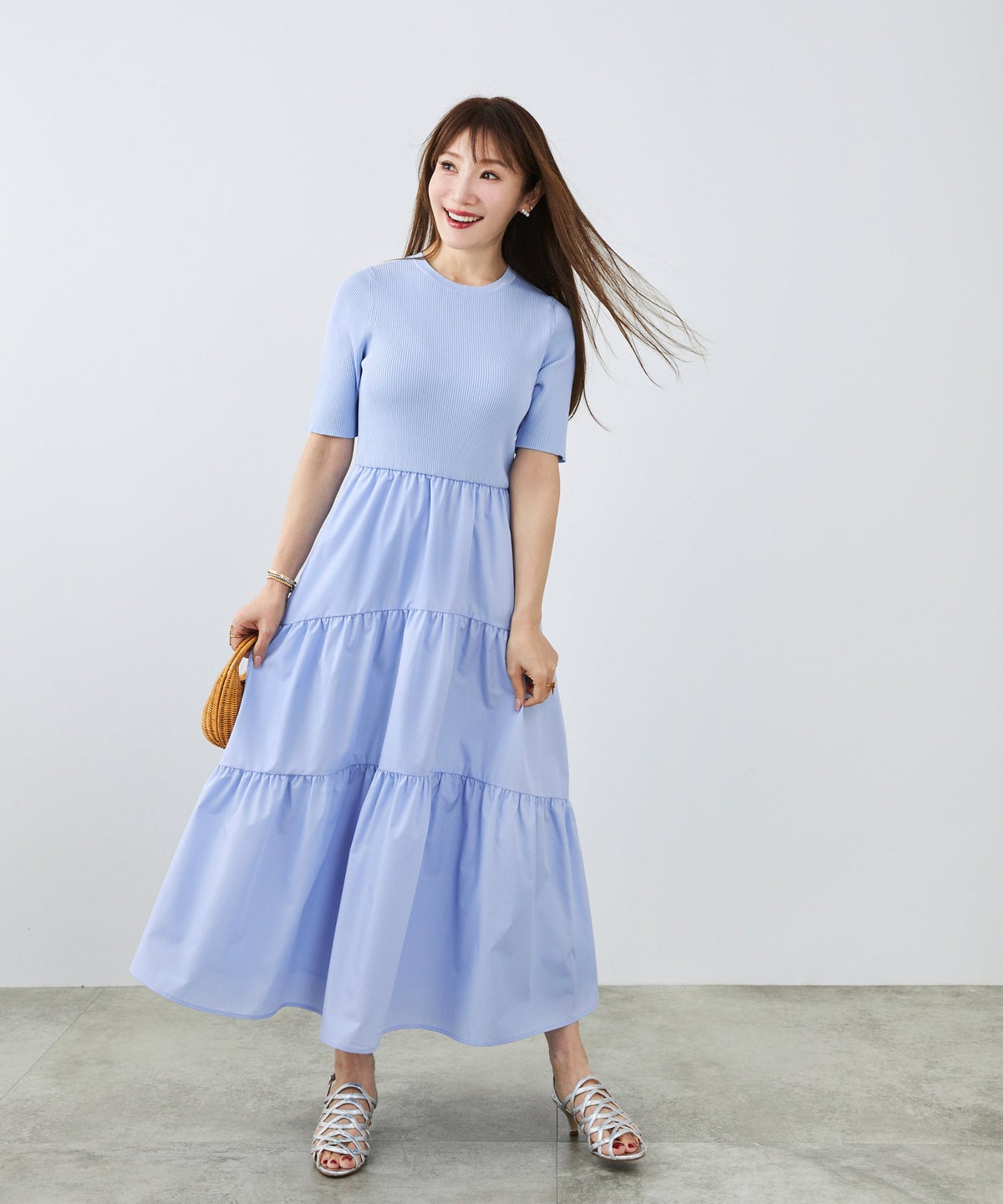 手洗い可 上品 きれいめ 異素材切り替え 大人可愛い カジュアル フェニミン オフィス フェミニン 夏 ジョイントスペース ニットドッキングワンピース Liala×PG