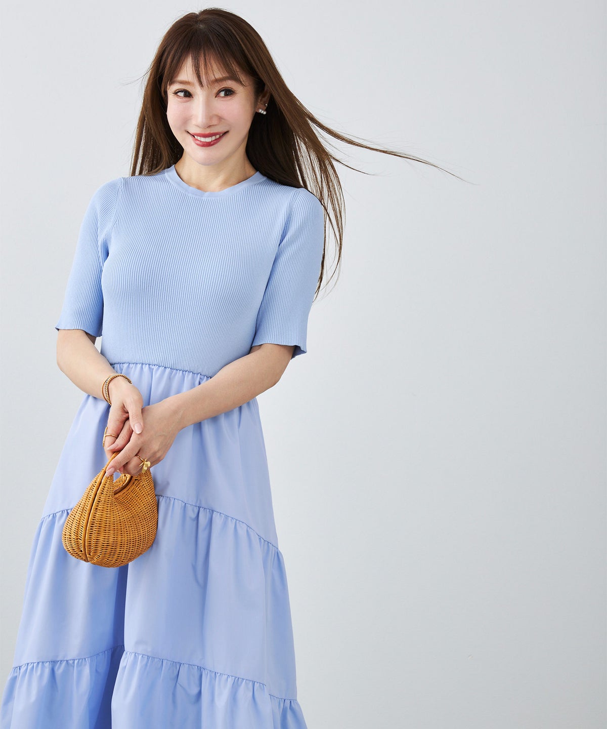 手洗い可 上品 きれいめ 異素材切り替え 大人可愛い カジュアル フェニミン オフィス フェミニン 夏 ジョイントスペース ニットドッキングワンピース Liala×PG