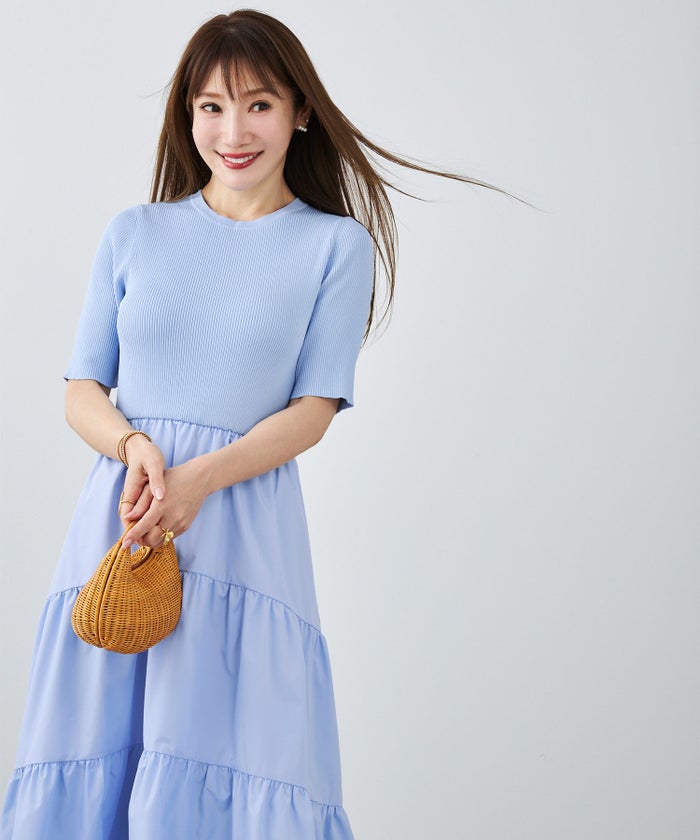 手洗い可 上品 きれいめ 異素材切り替え 大人可愛い カジュアル フェニミン オフィス フェミニン 夏 ジョイントスペース ニットドッキングワンピース Liala×PG