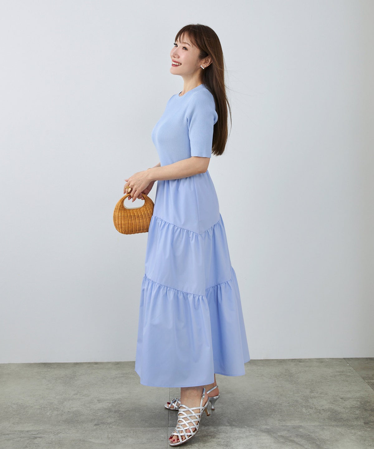 手洗い可 上品 きれいめ 異素材切り替え 大人可愛い カジュアル フェニミン オフィス フェミニン 夏 ジョイントスペース ニットドッキングワンピース Liala×PG