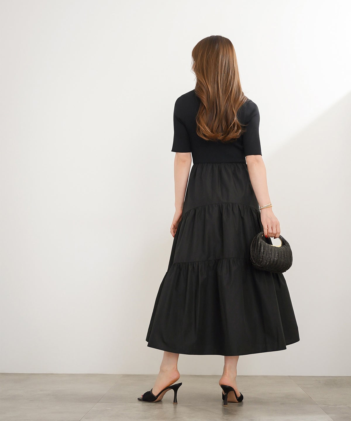 手洗い可 上品 きれいめ 異素材切り替え 大人可愛い カジュアル フェニミン オフィス フェミニン 夏 ジョイントスペース ニットドッキングワンピース Liala×PG