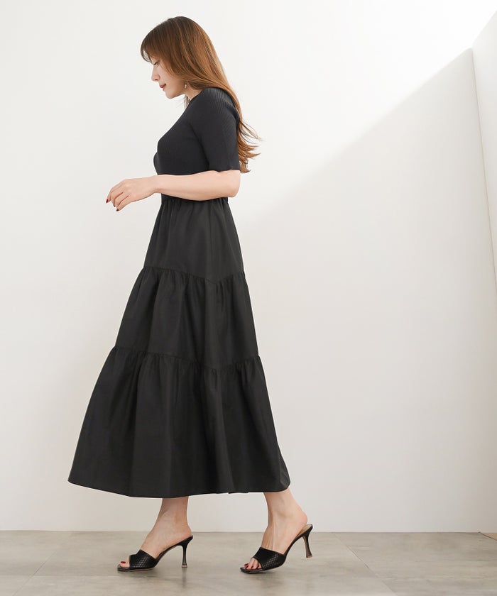 手洗い可 上品 きれいめ 異素材切り替え 大人可愛い カジュアル フェニミン オフィス フェミニン 夏 ジョイントスペース ニットドッキングワンピース Liala×PG