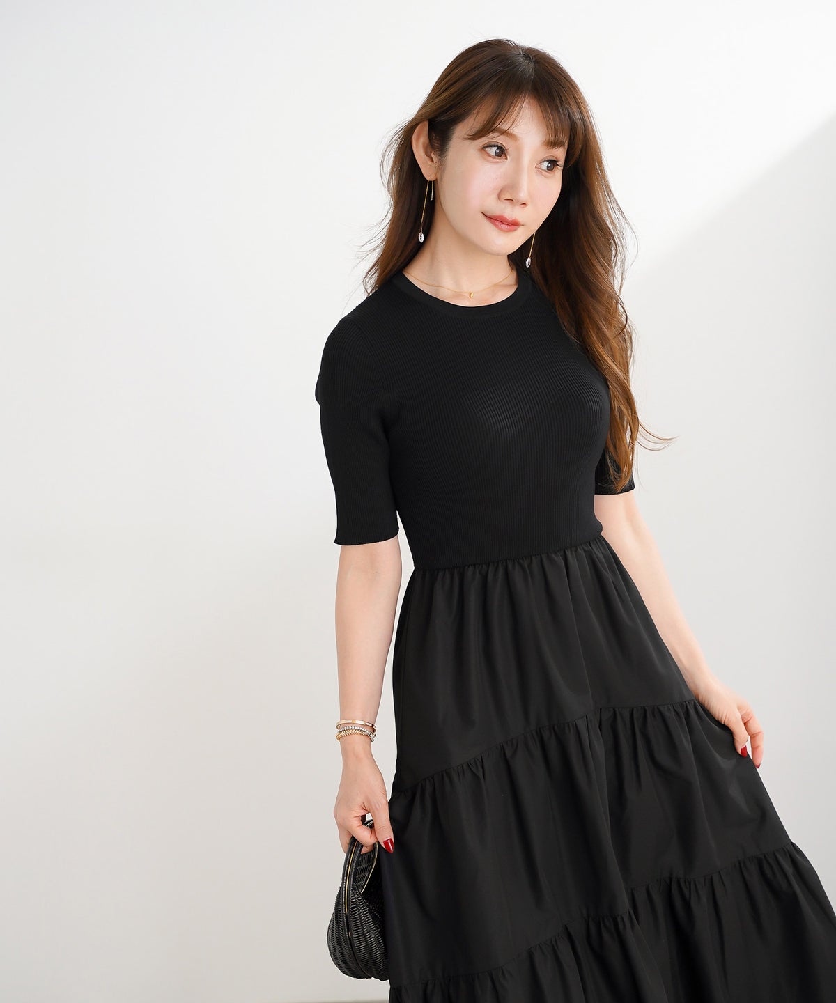 手洗い可 上品 きれいめ 異素材切り替え 大人可愛い カジュアル フェニミン オフィス フェミニン 夏 ジョイントスペース ニットドッキングワンピース Liala×PG