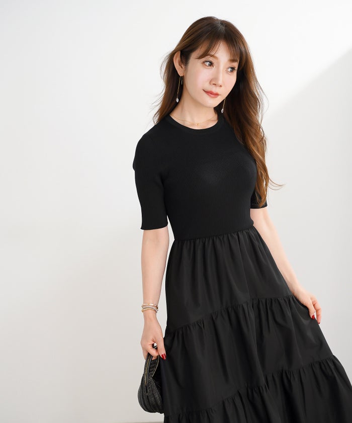 手洗い可 上品 きれいめ 異素材切り替え 大人可愛い カジュアル フェニミン オフィス フェミニン 夏 ジョイントスペース ニットドッキングワンピース Liala×PG