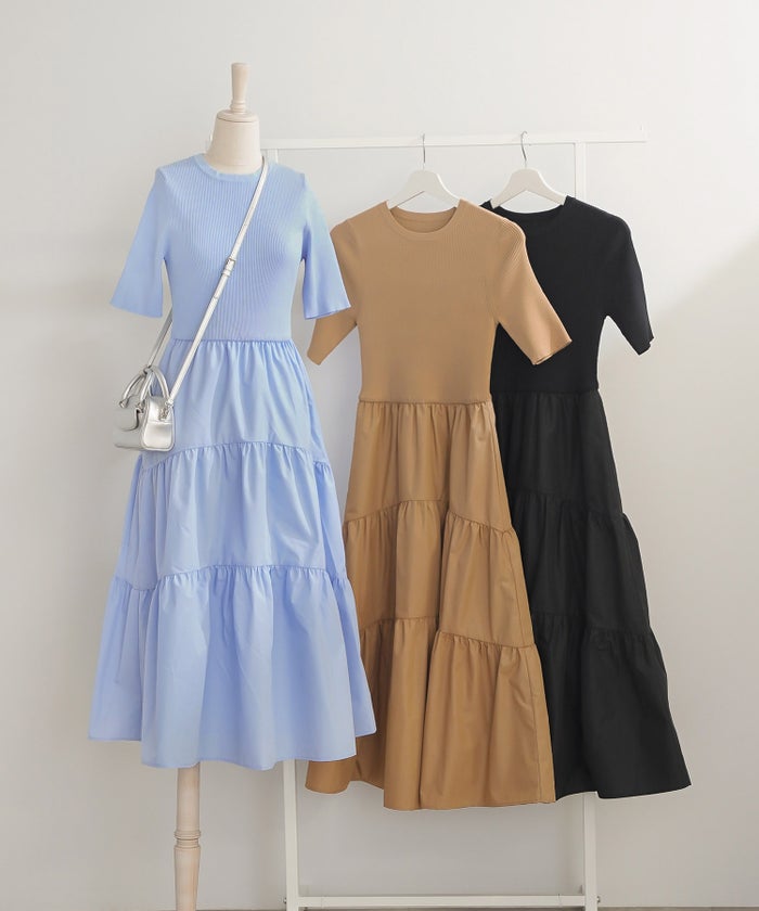 手洗い可 上品 きれいめ 異素材切り替え 大人可愛い カジュアル フェニミン オフィス フェミニン 夏 ジョイントスペース ニットドッキングワンピース Liala×PG