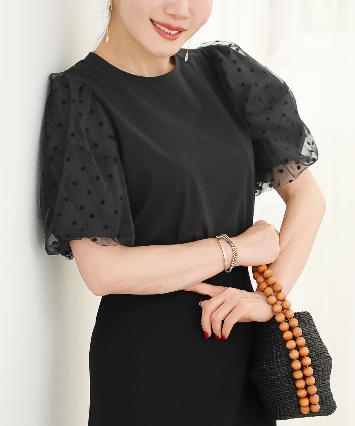 手洗い可 かわいい 上品 きれいめ 大人カジュアル フェミニン オフィス シンプル 柄 体型カバー ジョイントスペース 袖水玉ドットカットソーPO Liala×PG