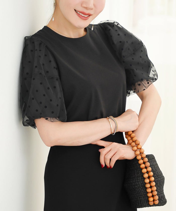 手洗い可 かわいい 上品 きれいめ 大人カジュアル フェミニン オフィス シンプル 柄 体型カバー ジョイントスペース 袖水玉ドットカットソーPO Liala×PG