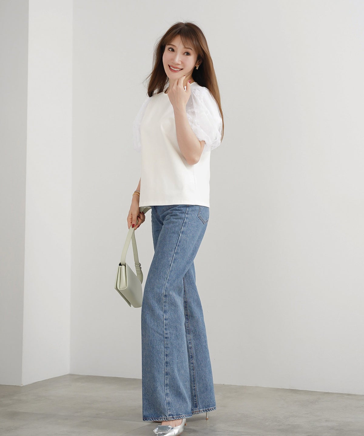 手洗い可 かわいい 上品 きれいめ 大人カジュアル フェミニン オフィス シンプル 柄 体型カバー ジョイントスペース 袖水玉ドットカットソーPO Liala×PG