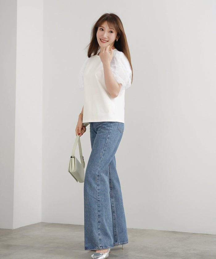 手洗い可 かわいい 上品 きれいめ 大人カジュアル フェミニン オフィス シンプル 柄 体型カバー ジョイントスペース 袖水玉ドットカットソーPO Liala×PG