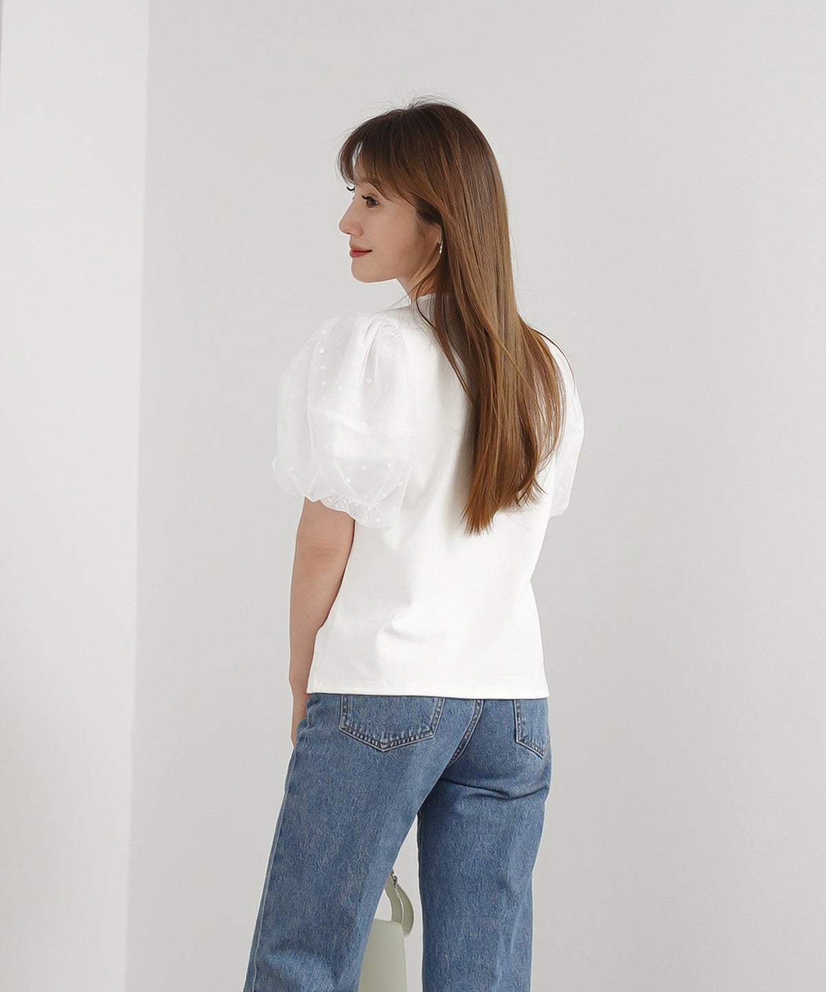 手洗い可 かわいい 上品 きれいめ 大人カジュアル フェミニン オフィス シンプル 柄 体型カバー ジョイントスペース 袖水玉ドットカットソーPO Liala×PG