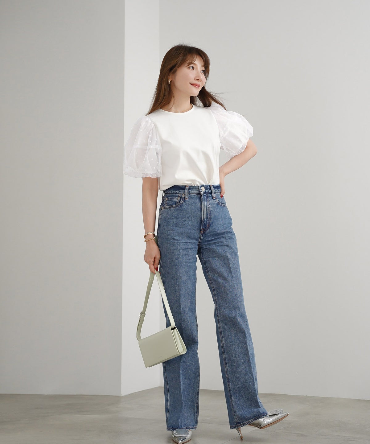 手洗い可 かわいい 上品 きれいめ 大人カジュアル フェミニン オフィス シンプル 柄 体型カバー ジョイントスペース 袖水玉ドットカットソーPO Liala×PG