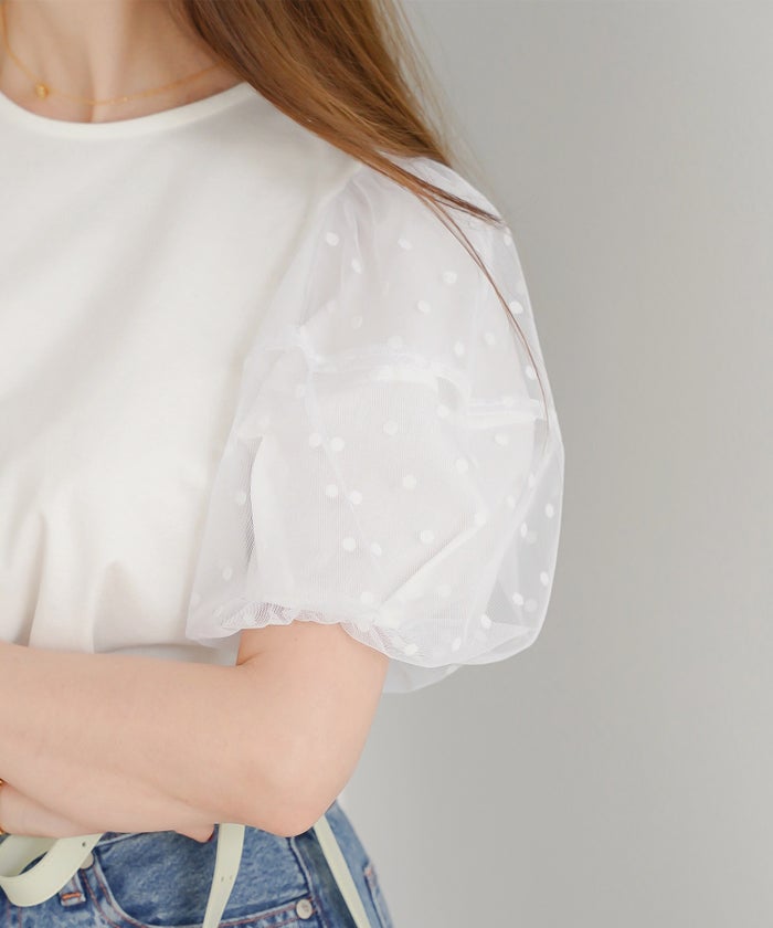 手洗い可 かわいい 上品 きれいめ 大人カジュアル フェミニン オフィス シンプル 柄 体型カバー ジョイントスペース 袖水玉ドットカットソーPO Liala×PG