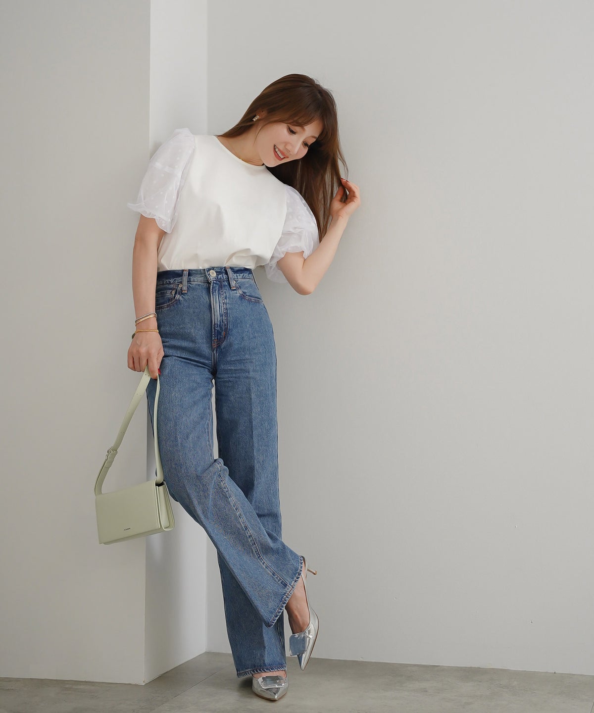 手洗い可 かわいい 上品 きれいめ 大人カジュアル フェミニン オフィス シンプル 柄 体型カバー ジョイントスペース 袖水玉ドットカットソーPO Liala×PG