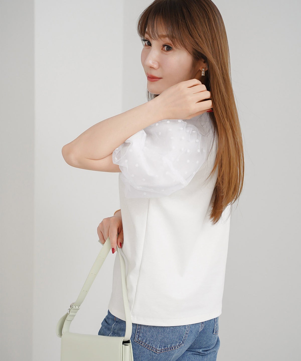 手洗い可 かわいい 上品 きれいめ 大人カジュアル フェミニン オフィス シンプル 柄 体型カバー ジョイントスペース 袖水玉ドットカットソーPO Liala×PG