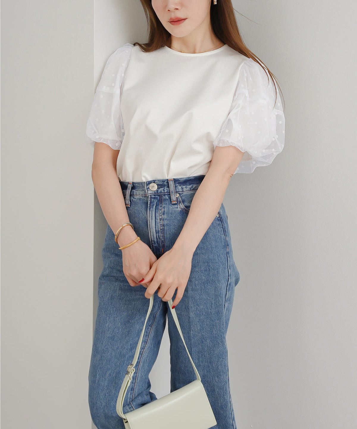 手洗い可 かわいい 上品 きれいめ 大人カジュアル フェミニン オフィス シンプル 柄 体型カバー ジョイントスペース 袖水玉ドットカットソーPO Liala×PG