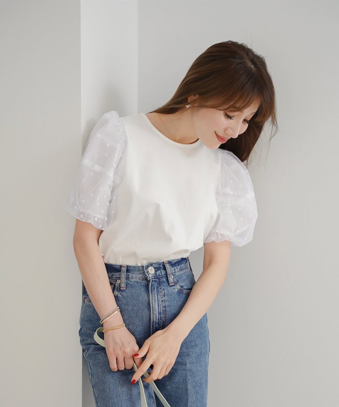 手洗い可 かわいい 上品 きれいめ 大人カジュアル フェミニン オフィス シンプル 柄 体型カバー ジョイントスペース 袖水玉ドットカットソーPO Liala×PG