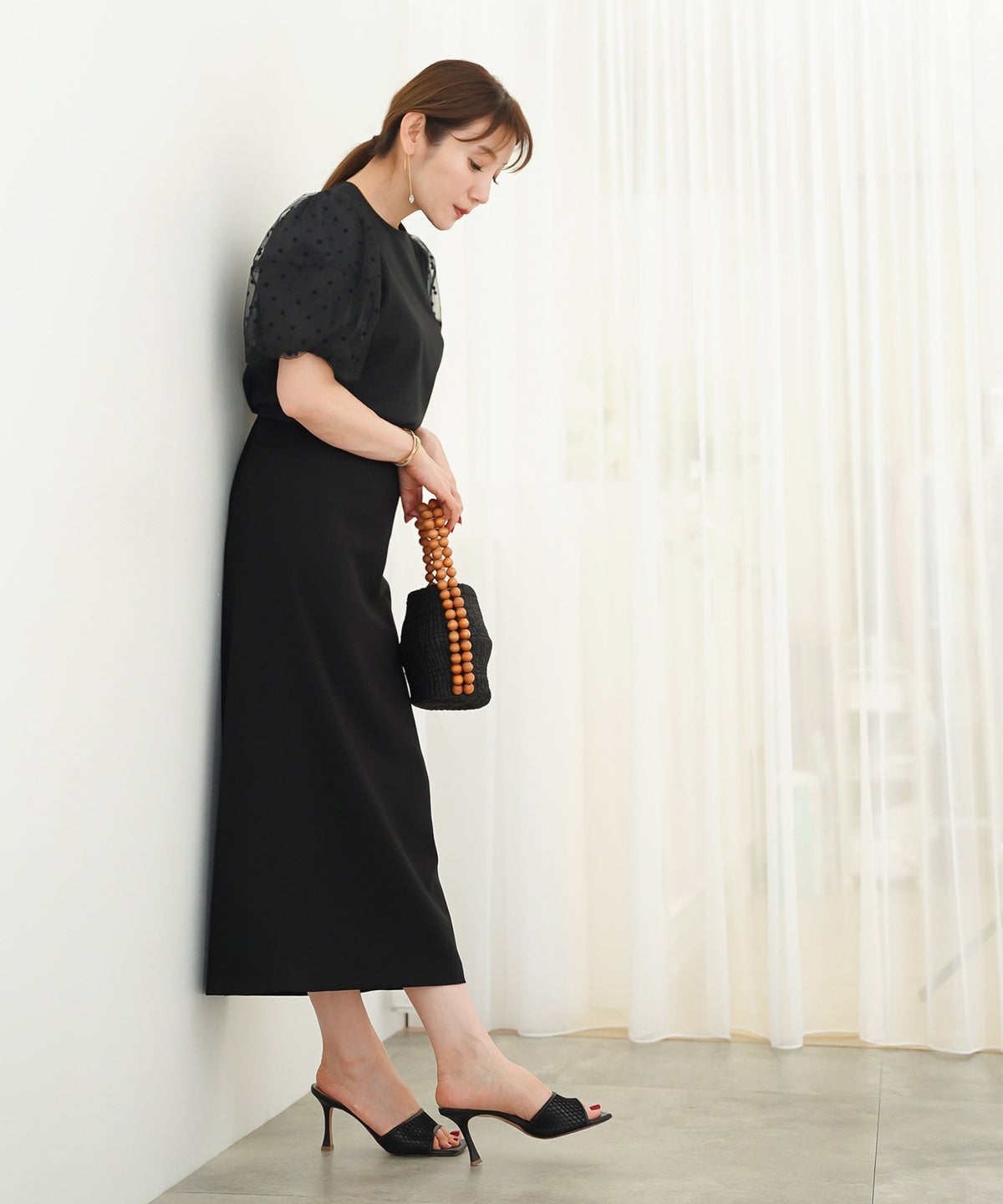 手洗い可 かわいい 上品 きれいめ 大人カジュアル フェミニン オフィス シンプル 柄 体型カバー ジョイントスペース 袖水玉ドットカットソーPO Liala×PG