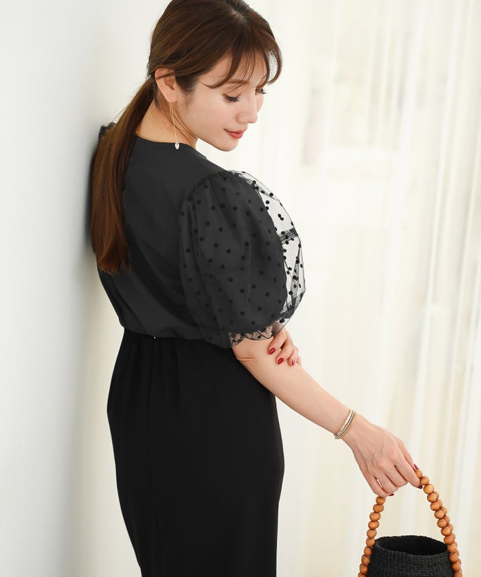 手洗い可 かわいい 上品 きれいめ 大人カジュアル フェミニン オフィス シンプル 柄 体型カバー ジョイントスペース 袖水玉ドットカットソーPO Liala×PG