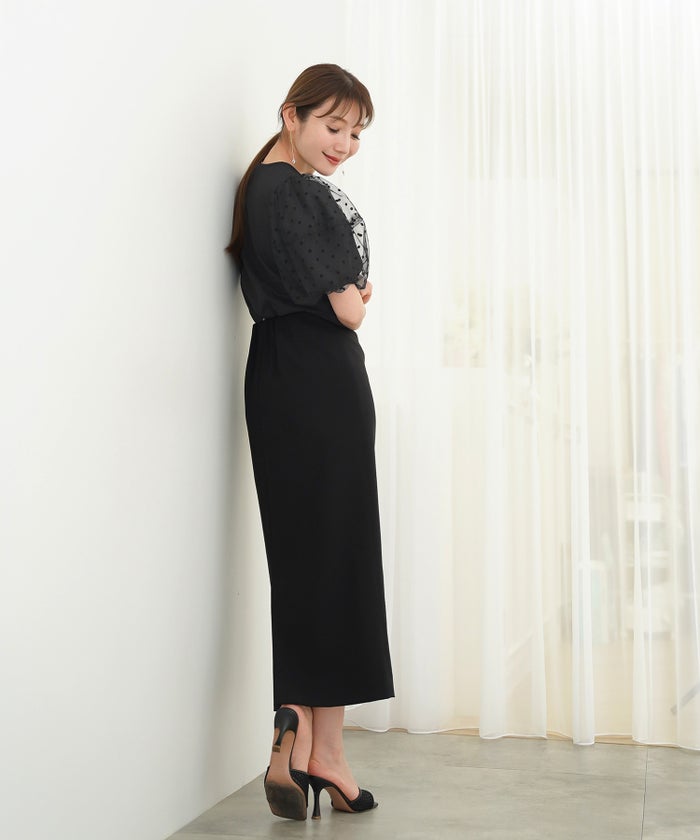 手洗い可 かわいい 上品 きれいめ 大人カジュアル フェミニン オフィス シンプル 柄 体型カバー ジョイントスペース 袖水玉ドットカットソーPO Liala×PG