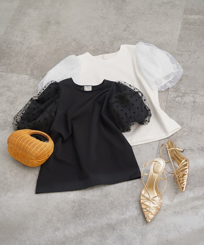 手洗い可 かわいい 上品 きれいめ 大人カジュアル フェミニン オフィス シンプル 柄 体型カバー ジョイントスペース 袖水玉ドットカットソーPO Liala×PG