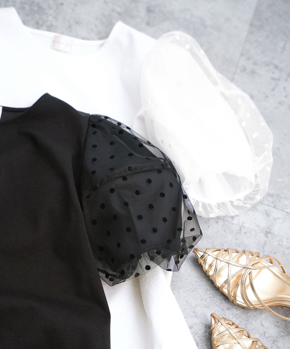 手洗い可 かわいい 上品 きれいめ 大人カジュアル フェミニン オフィス シンプル 柄 体型カバー ジョイントスペース 袖水玉ドットカットソーPO Liala×PG