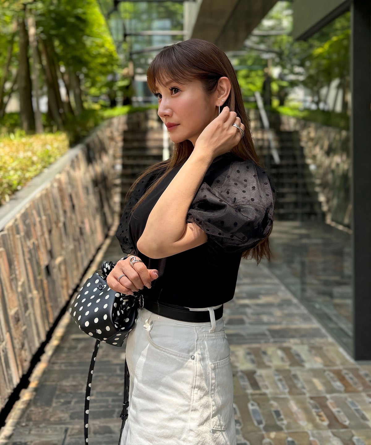 手洗い可 かわいい 上品 きれいめ 大人カジュアル フェミニン オフィス シンプル 柄 体型カバー ジョイントスペース 袖水玉ドットカットソーPO Liala×PG