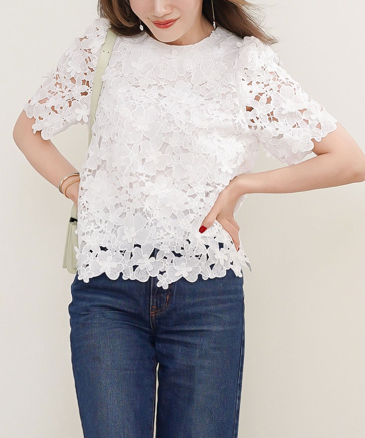 手洗い可 かわいい 上品 きれいめ 大人カジュアル オフィス フォーマル フェミニン シンプル 柄 ジョイントスペース 立体レースブラウス Liala×PG