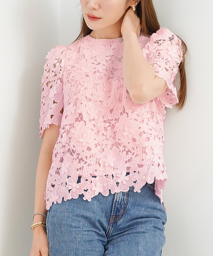 手洗い可 かわいい 上品 きれいめ 大人カジュアル オフィス フォーマル フェミニン シンプル 柄 ジョイントスペース 立体レースブラウス Liala×PG