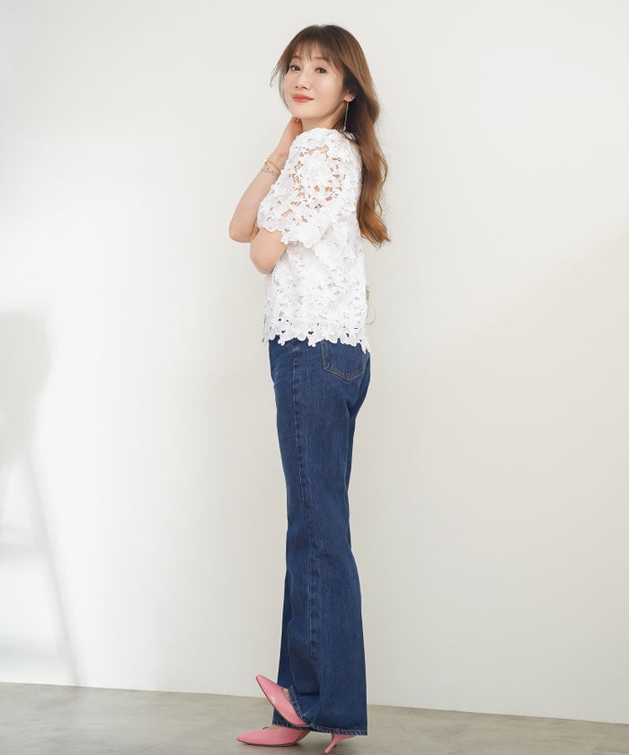 手洗い可 かわいい 上品 きれいめ 大人カジュアル オフィス フォーマル フェミニン シンプル 柄 ジョイントスペース 立体レースブラウス Liala×PG