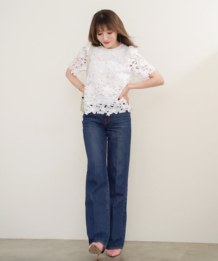 手洗い可 かわいい 上品 きれいめ 大人カジュアル オフィス フォーマル フェミニン シンプル 柄 ジョイントスペース 立体レースブラウス Liala×PG