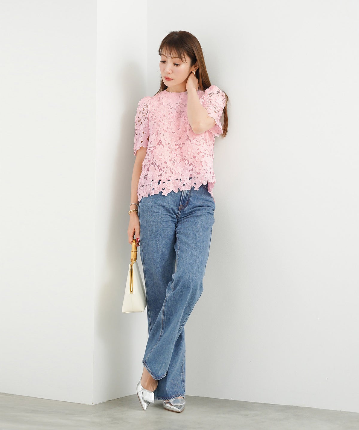 手洗い可 かわいい 上品 きれいめ 大人カジュアル オフィス フォーマル フェミニン シンプル 柄 ジョイントスペース 立体レースブラウス Liala×PG