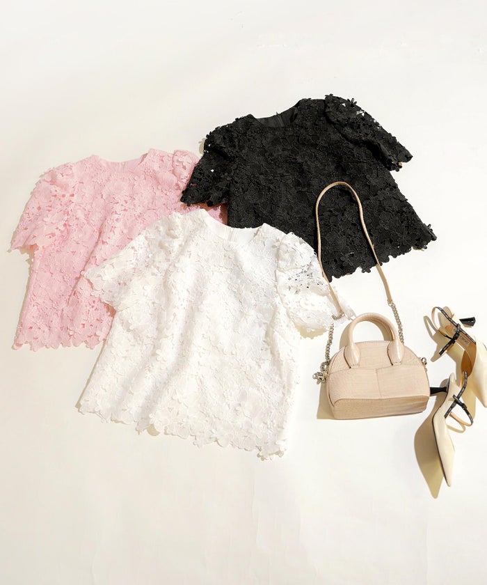 手洗い可 かわいい 上品 きれいめ 大人カジュアル オフィス フォーマル フェミニン シンプル 柄 ジョイントスペース 立体レースブラウス Liala×PG