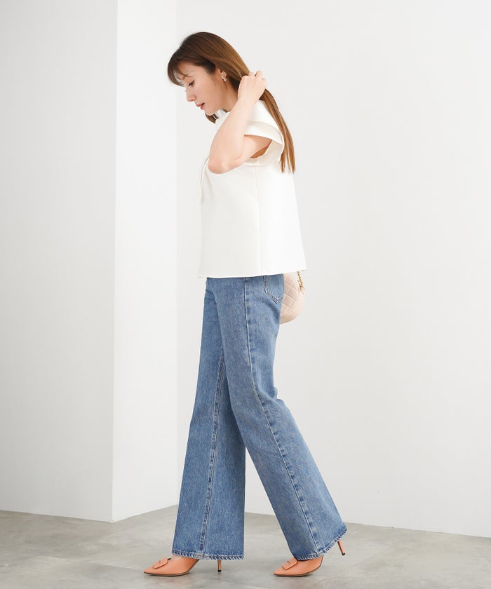 手洗い可 S/M/L かわいい 上品 きれいめ 大人カジュアル オフィス シンプル エレガント 体型カバー ジョイントスペース リボンチューリップ袖ブラウス Liala×PG