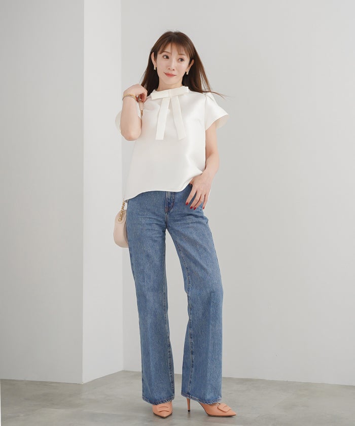 手洗い可 S/M/L かわいい 上品 きれいめ 大人カジュアル オフィス シンプル エレガント 体型カバー ジョイントスペース リボンチューリップ袖ブラウス Liala×PG