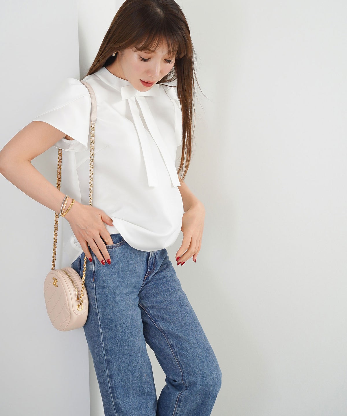 手洗い可 S/M/L かわいい 上品 きれいめ 大人カジュアル オフィス シンプル エレガント 体型カバー ジョイントスペース リボンチューリップ袖ブラウス Liala×PG