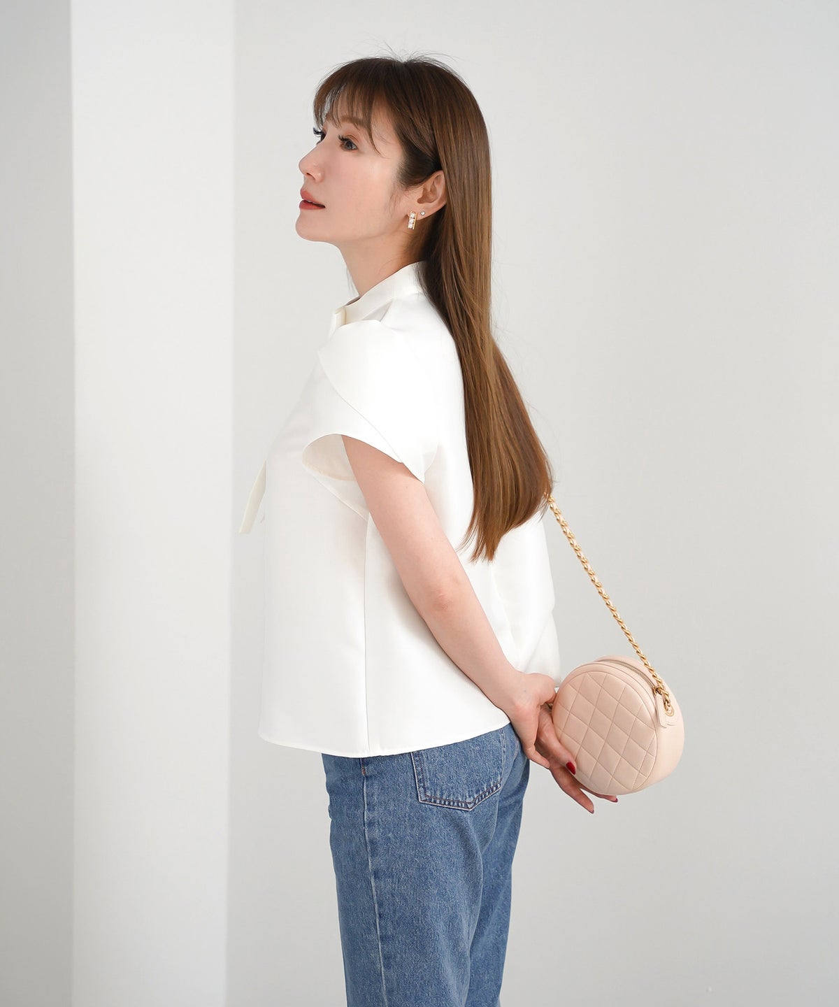手洗い可 S/M/L かわいい 上品 きれいめ 大人カジュアル オフィス シンプル エレガント 体型カバー ジョイントスペース リボンチューリップ袖ブラウス Liala×PG