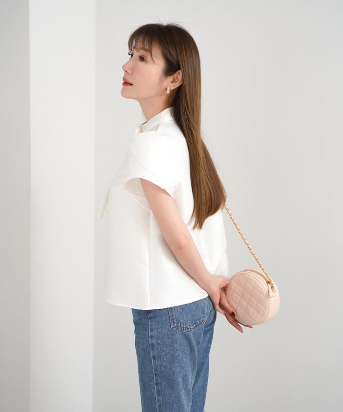 手洗い可 S/M/L かわいい 上品 きれいめ 大人カジュアル オフィス シンプル エレガント 体型カバー ジョイントスペース リボンチューリップ袖ブラウス Liala×PG