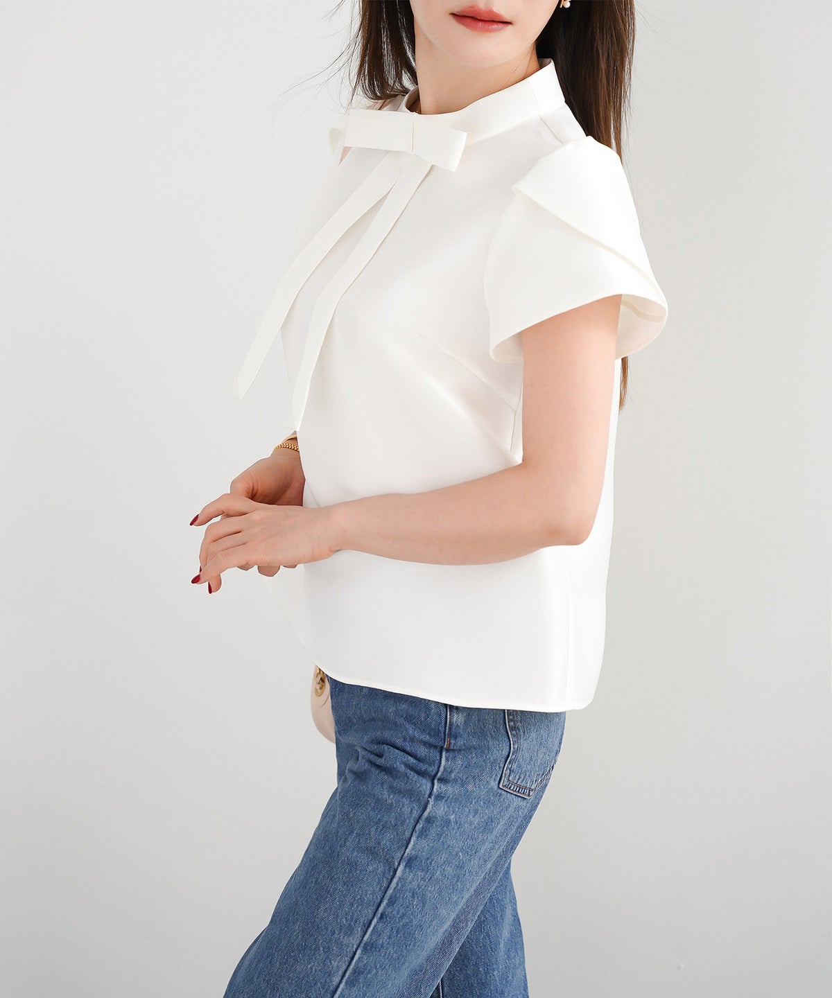 手洗い可 S/M/L かわいい 上品 きれいめ 大人カジュアル オフィス シンプル エレガント 体型カバー ジョイントスペース リボンチューリップ袖ブラウス Liala×PG