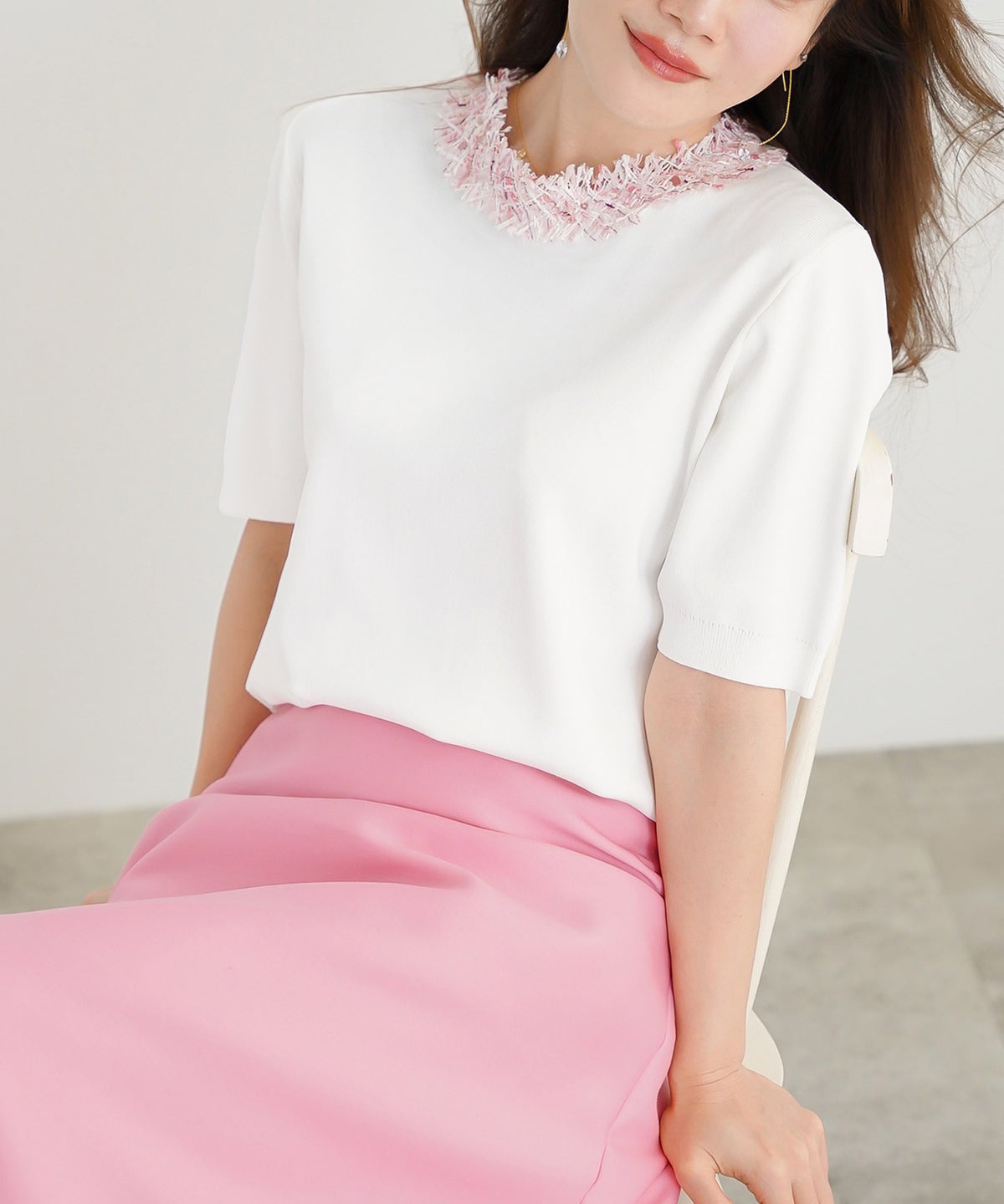 手洗い可 レディース 春夏 大人可愛い 上品 きれいめ オフィス 大人カジュアル フェミニン ジョイントスペース ツイードフリンジニット Liala×PG