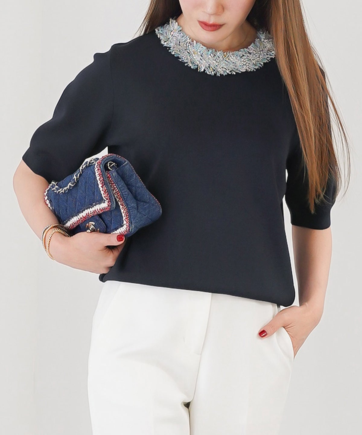 手洗い可 レディース 春夏 大人可愛い 上品 きれいめ オフィス 大人カジュアル フェミニン ジョイントスペース ツイードフリンジニット Liala×PG
