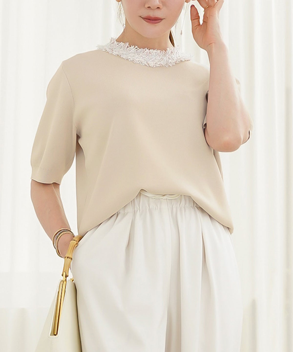 手洗い可 レディース 春夏 大人可愛い 上品 きれいめ オフィス 大人カジュアル フェミニン ジョイントスペース ツイードフリンジニット Liala×PG